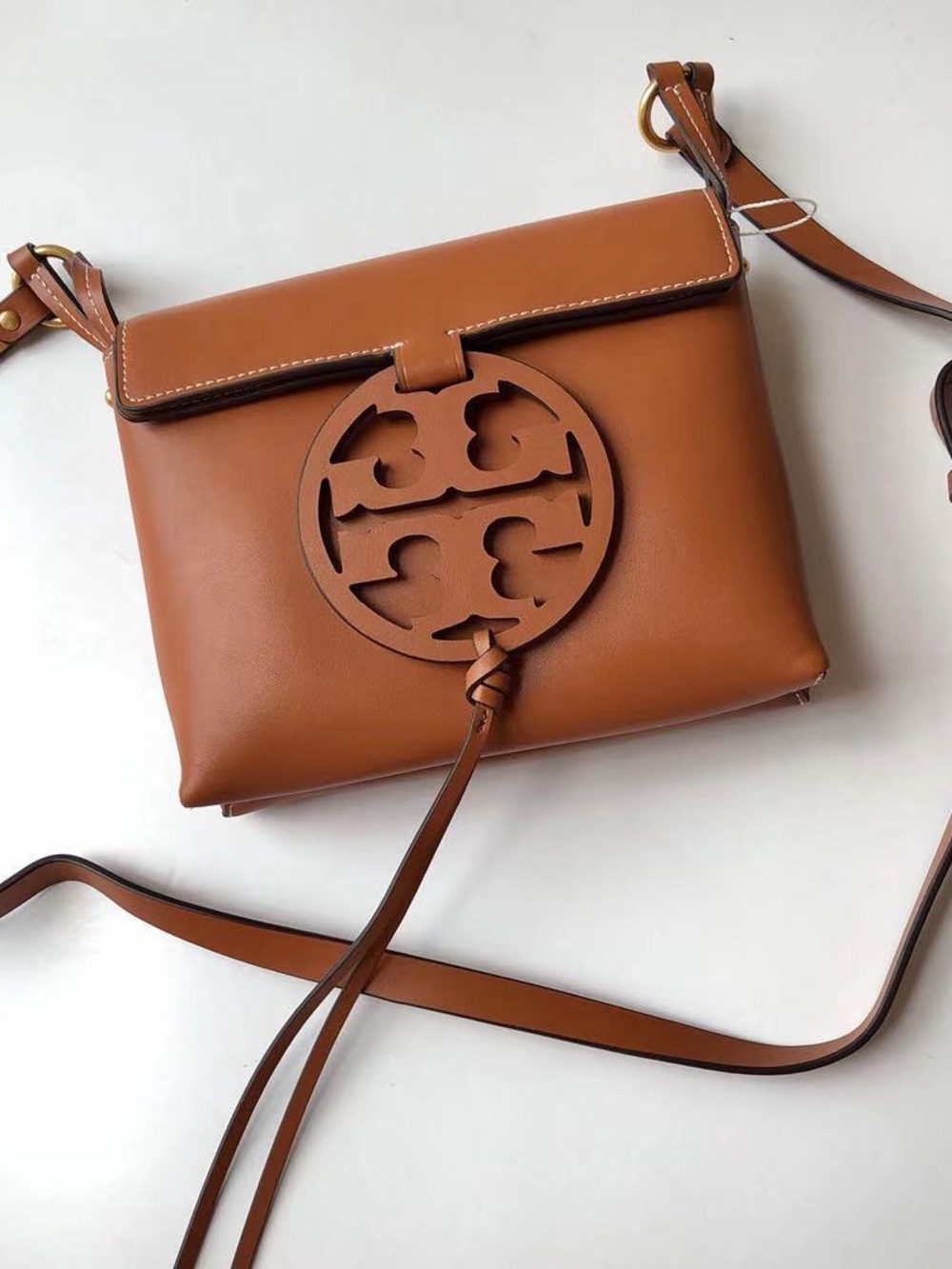 Tory Burch Tan Leather Crossbody with Signature Cutout Medallion